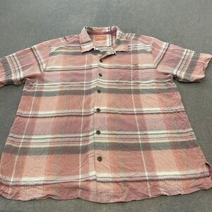 Tommy Bahama Shirt Mens XL Pink Plaid 100% Silk Button Up Camp Loop Collar